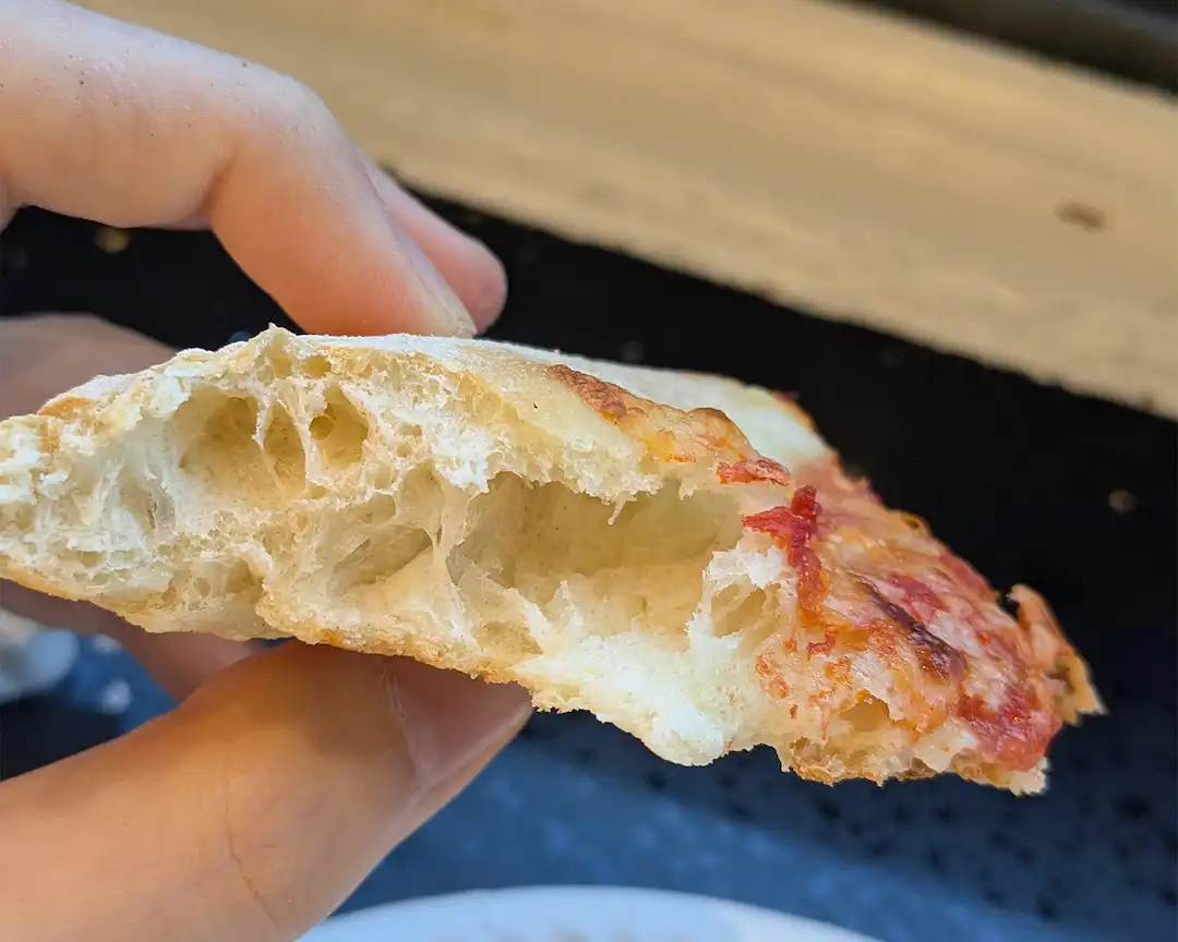 Close-up of a New York–style pizza slice showing an airy, chewy interior crumb with a lightly crispy crust edge.